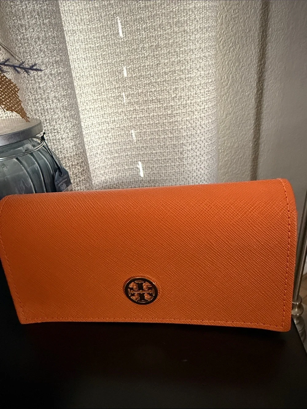 Tory Burch Orange Saffiano Lethet Glasses Sunglasses Case with Logo Medallion